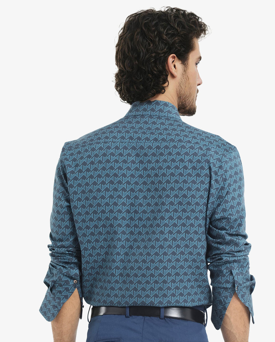 Rare Rabbit Men's Avior Teal Viscose Monogram Print Regular Fit Full Sleeve Collared Shirt