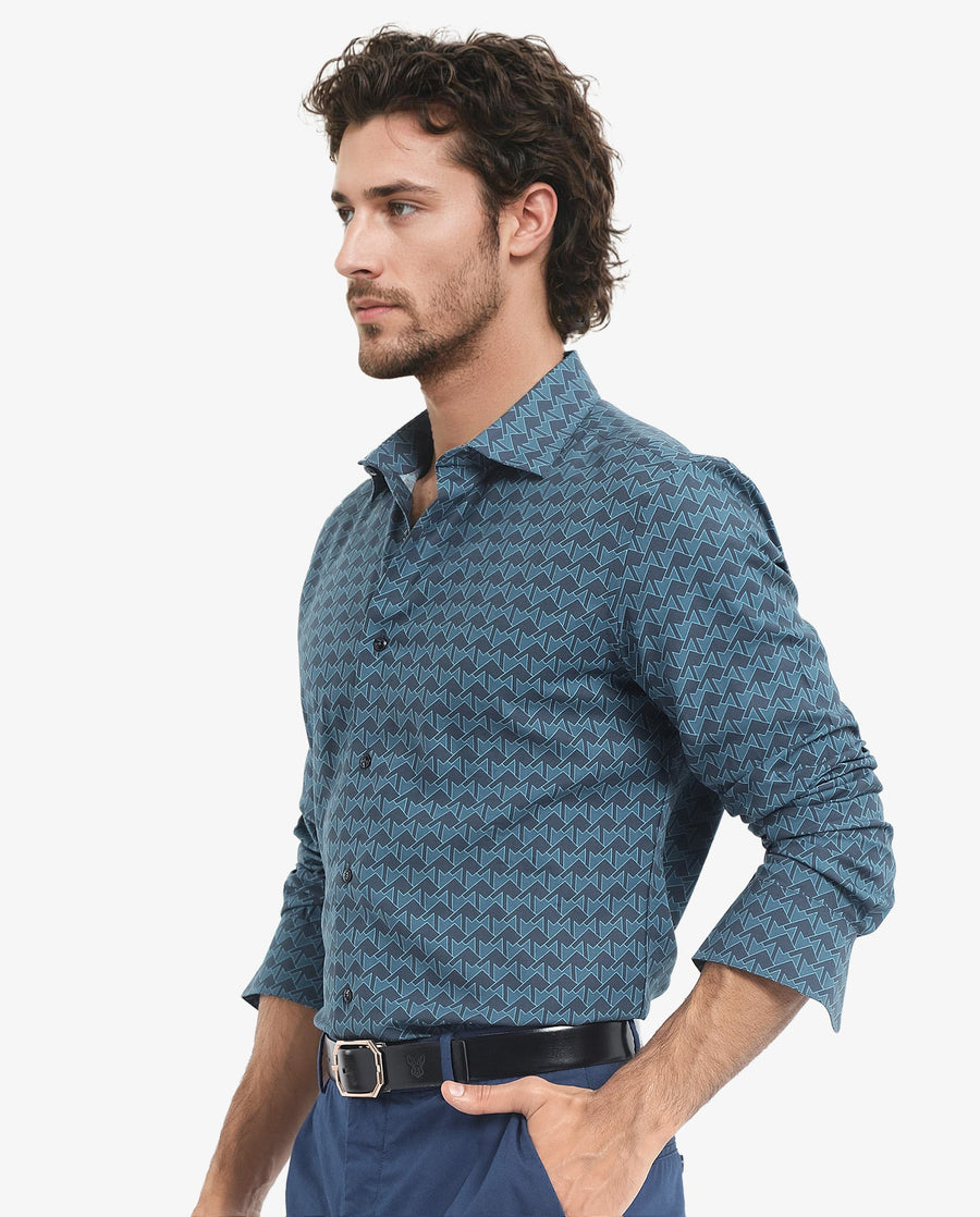 Rare Rabbit Men's Avior Teal Viscose Monogram Print Regular Fit Full Sleeve Collared Shirt