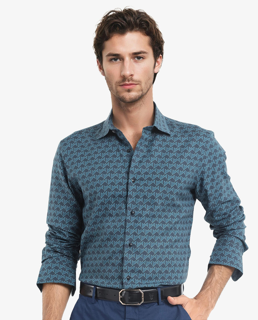 Rare Rabbit Men's Avior Teal Viscose Monogram Print Regular Fit Full Sleeve Collared Shirt