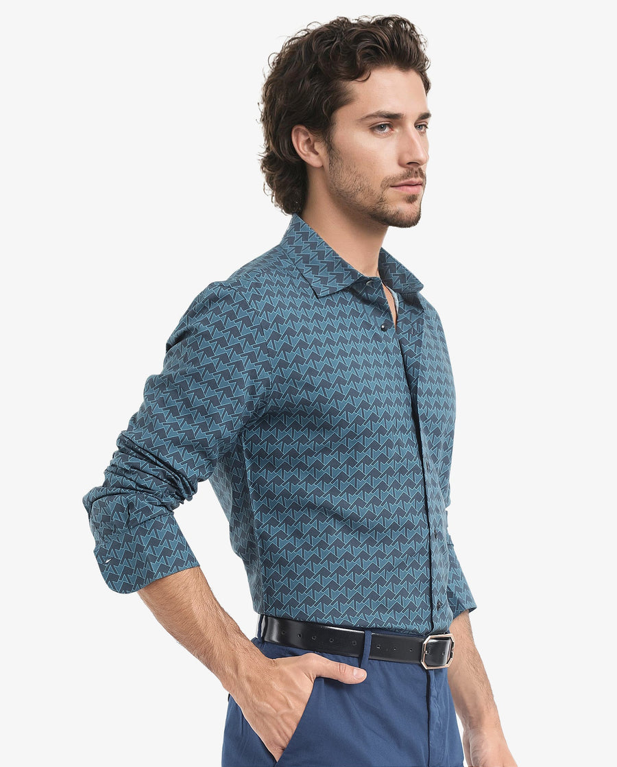 Rare Rabbit Men's Avior Teal Viscose Monogram Print Regular Fit Full Sleeve Collared Shirt