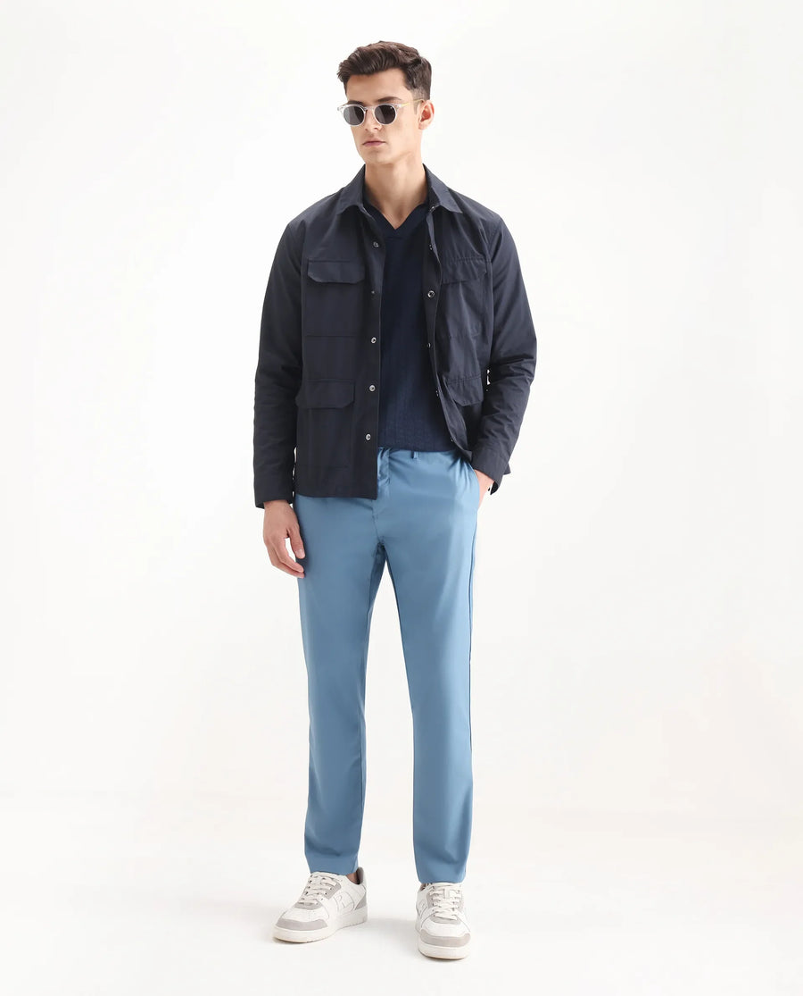 Rare Rabbit Men's Aux Blue Polyester Plain Regular Fit Trouser