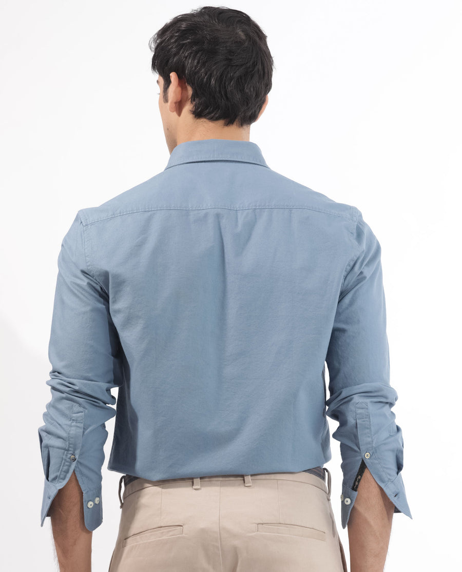 Rare Rabbit Men's Auxfo Blue Cotton Plain Regular Fit Full Sleeve Button-Down Collar Shirt