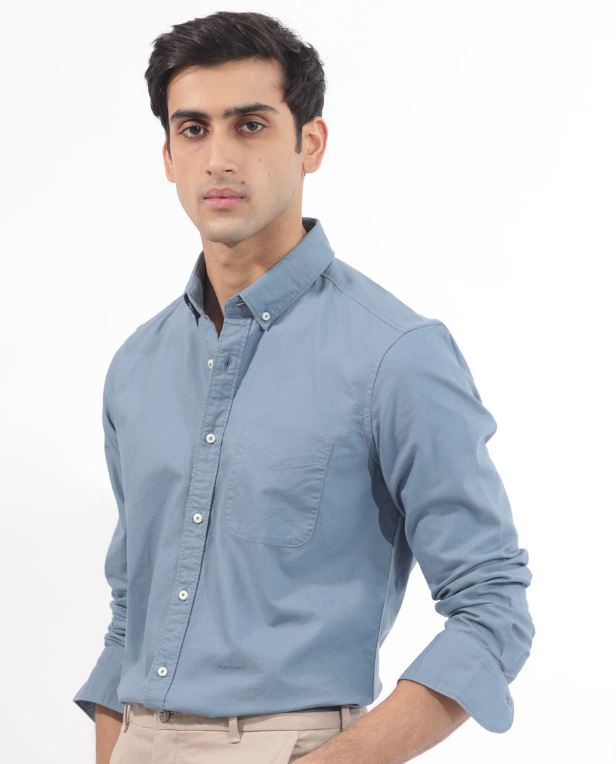 Rare Rabbit Men's Auxfo Blue Cotton Plain Regular Fit Full Sleeve Button-Down Collar Shirt