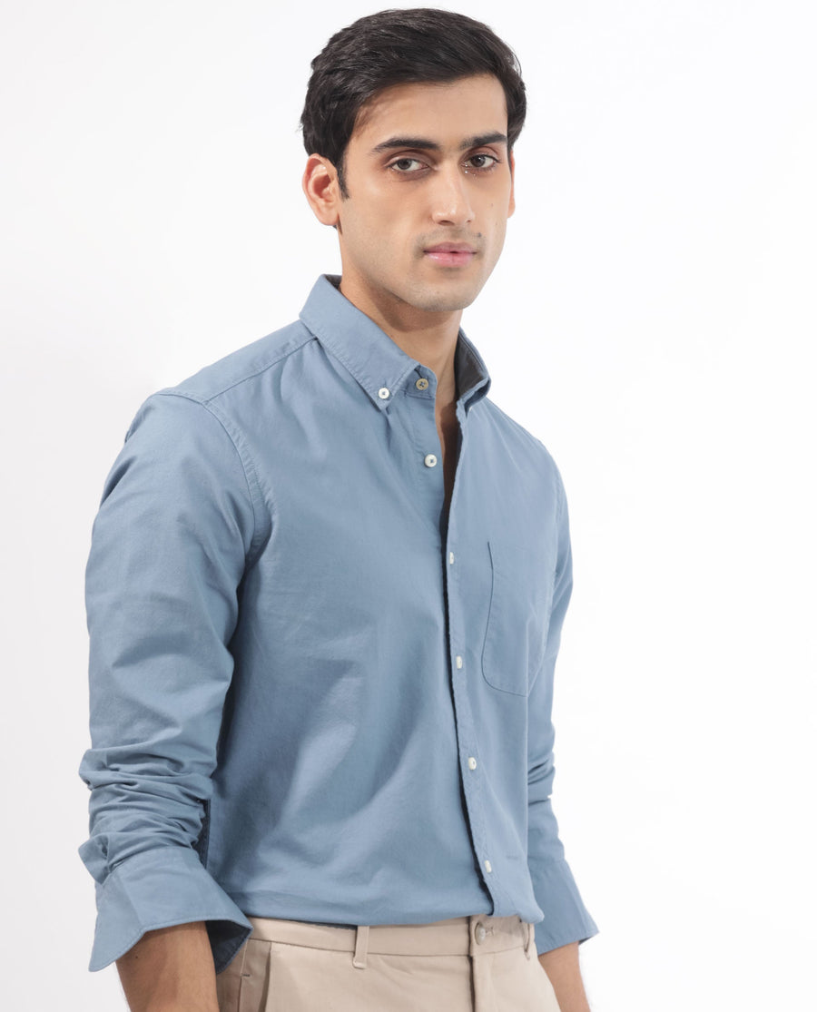 Rare Rabbit Men's Auxfo Blue Cotton Plain Regular Fit Full Sleeve Button-Down Collar Shirt