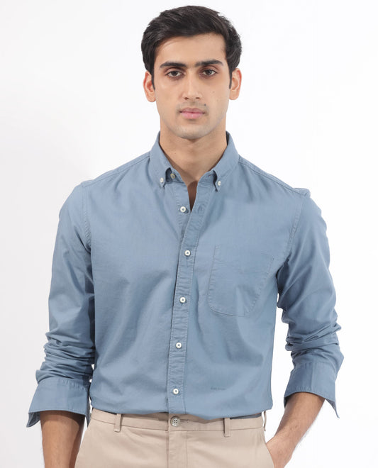 Rare Rabbit Men's Auxfo Blue Cotton Plain Regular Fit Full Sleeve Button-Down Collar Shirt