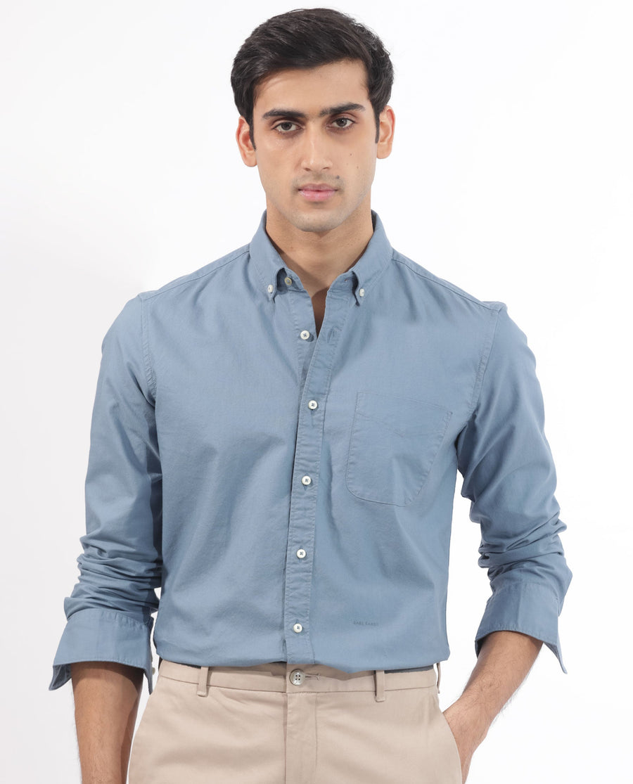 Rare Rabbit Men's Auxfo Blue Cotton Plain Regular Fit Full Sleeve Button-Down Collar Shirt