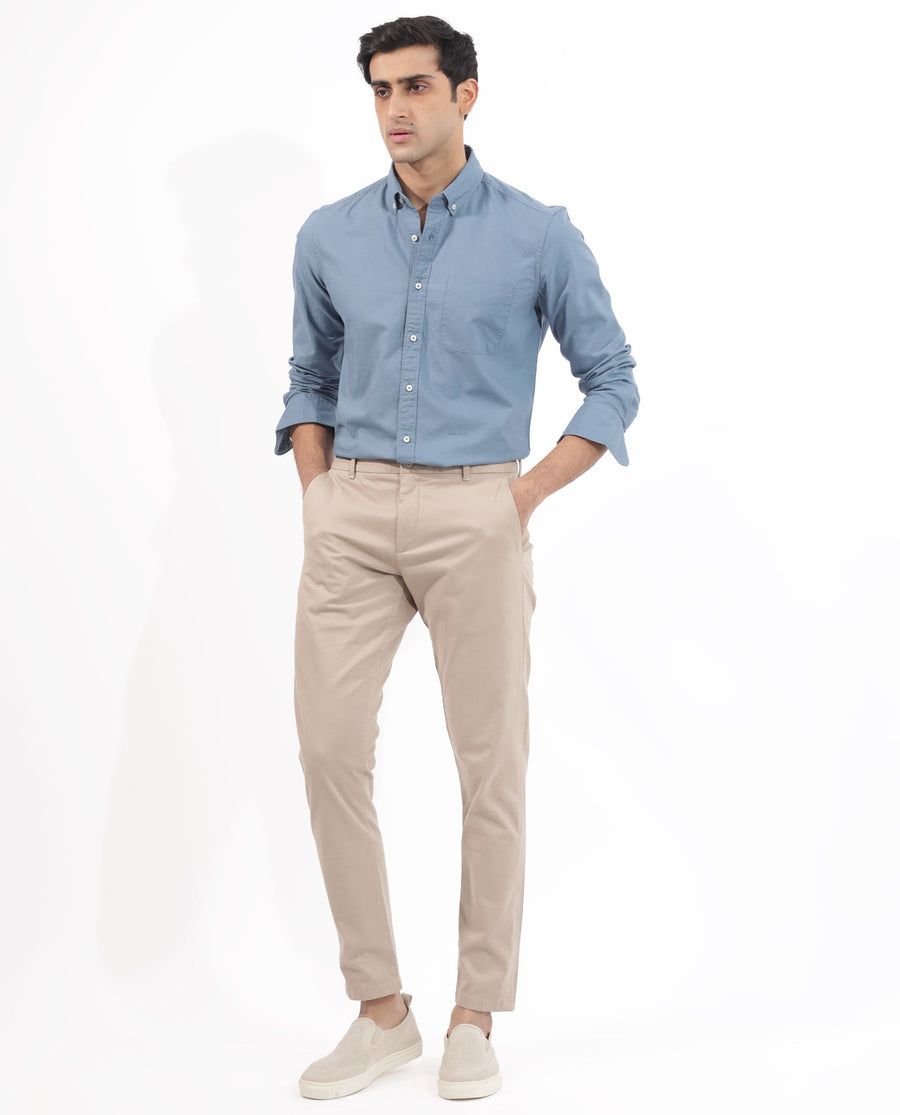 Rare Rabbit Men's Auxfo Blue Cotton Plain Regular Fit Full Sleeve Button-Down Collar Shirt