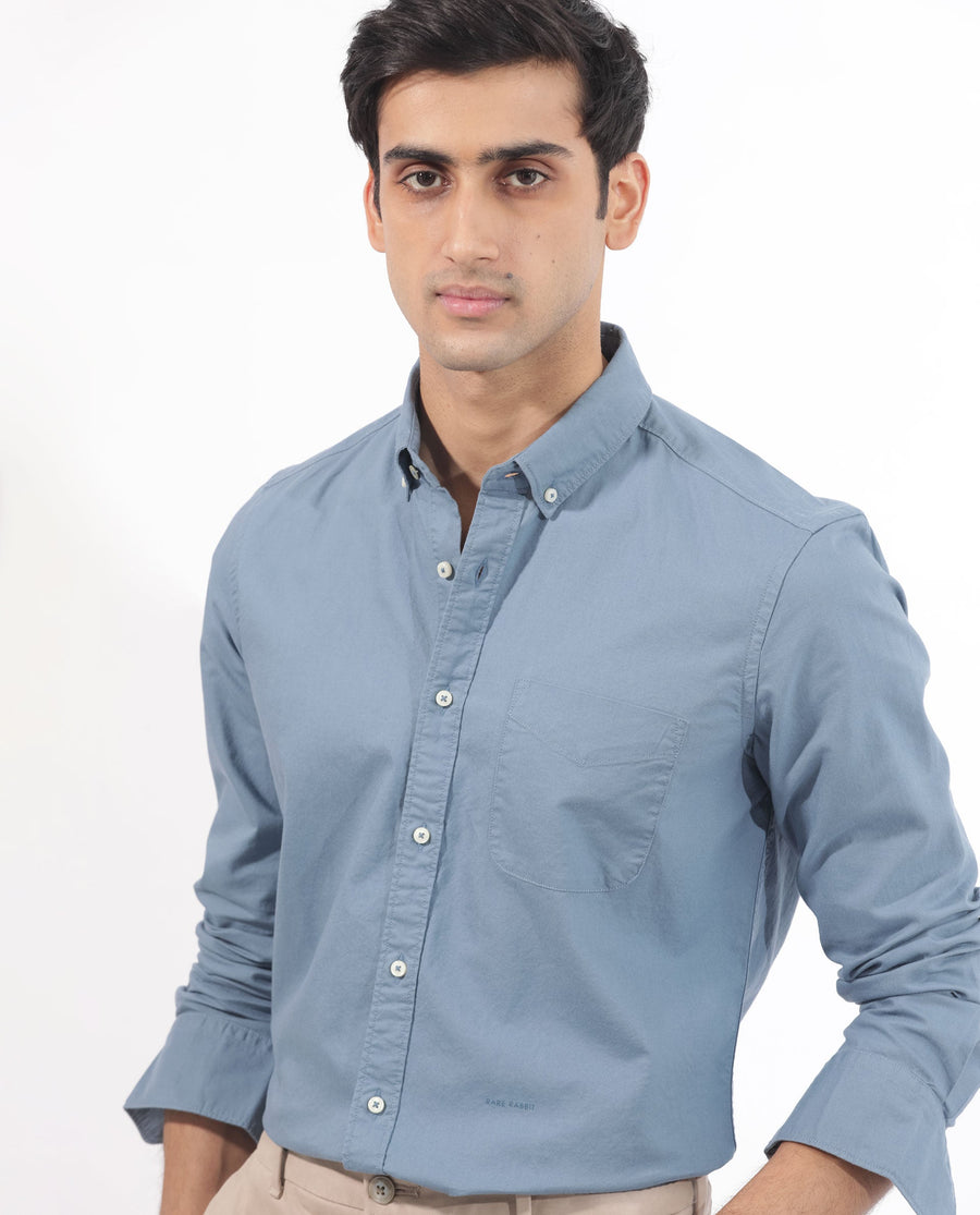 Rare Rabbit Men's Auxfo Blue Cotton Plain Regular Fit Full Sleeve Button-Down Collar Shirt