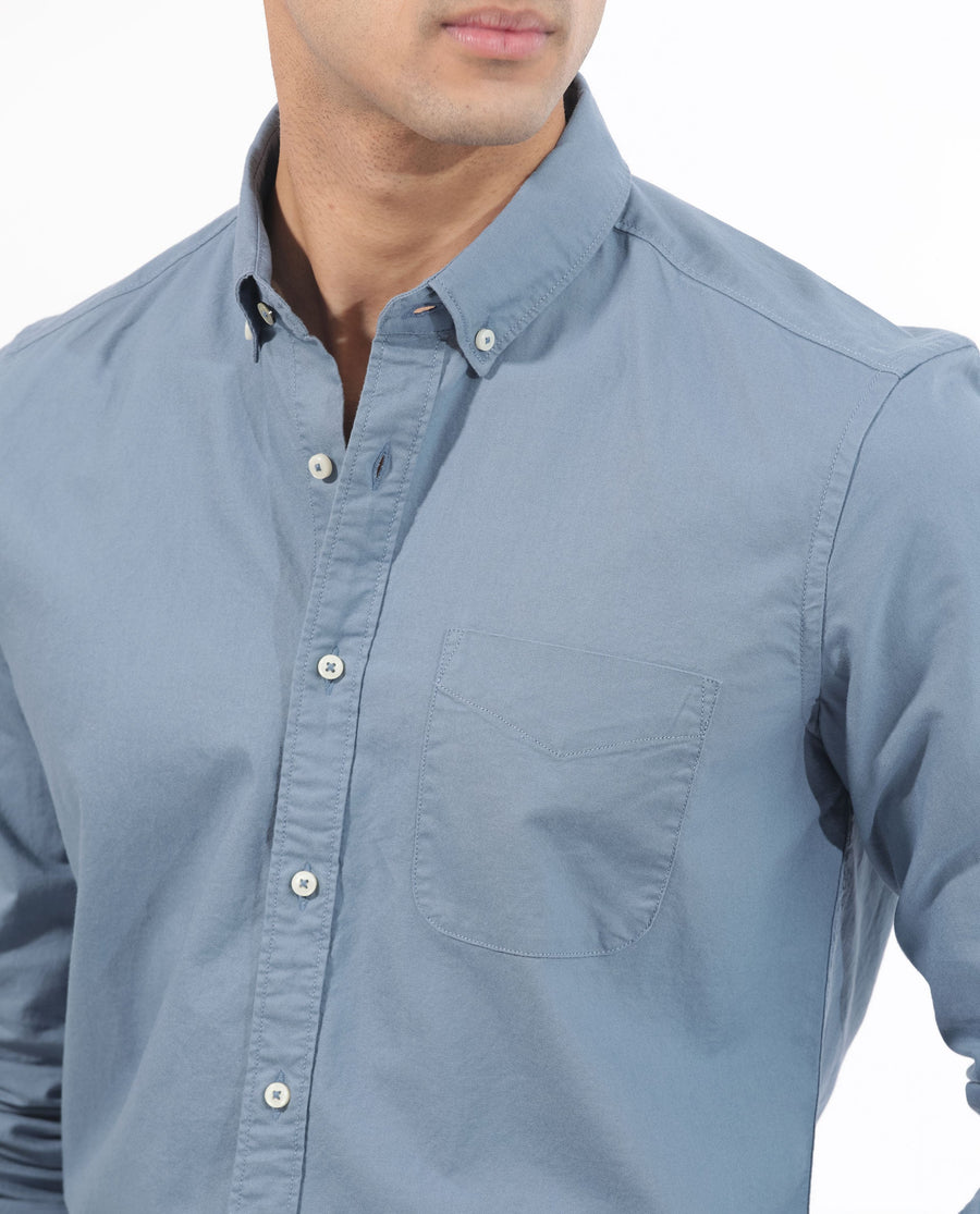 Rare Rabbit Men's Auxfo Blue Cotton Plain Regular Fit Full Sleeve Button-Down Collar Shirt