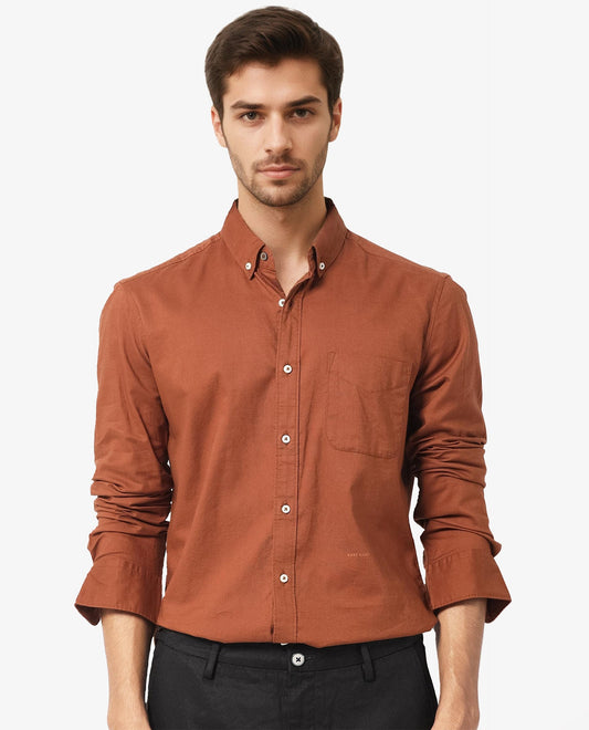 Rare Rabbit Men's Auxfo Brown Cotton Plain Regular Fit Full Sleeve Button-Down Collar Shirt