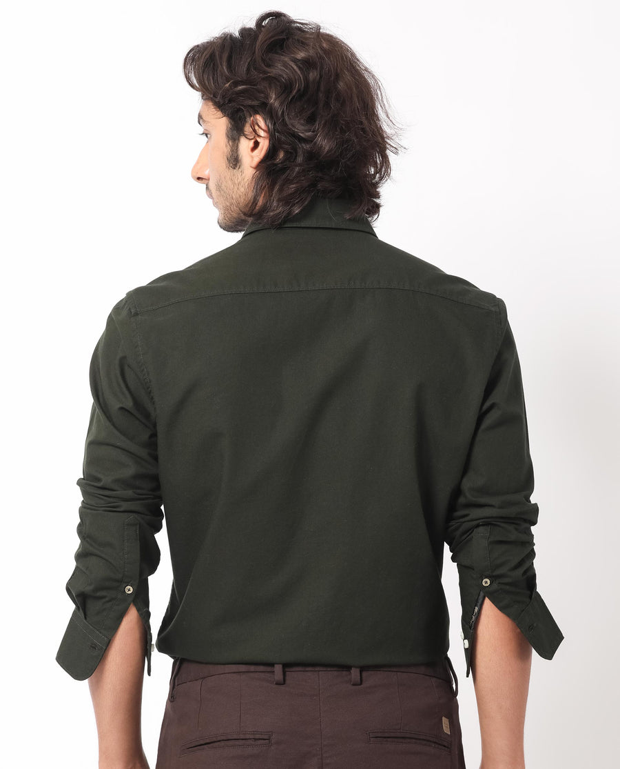 Rare Rabbit Men's Auxfo Dark Green Cotton Plain Regular Fit Full Sleeve Button-Down Collar Shirt