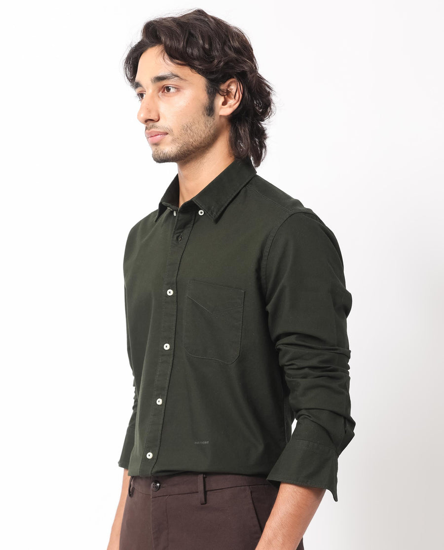Rare Rabbit Men's Auxfo Dark Green Cotton Plain Regular Fit Full Sleeve Button-Down Collar Shirt