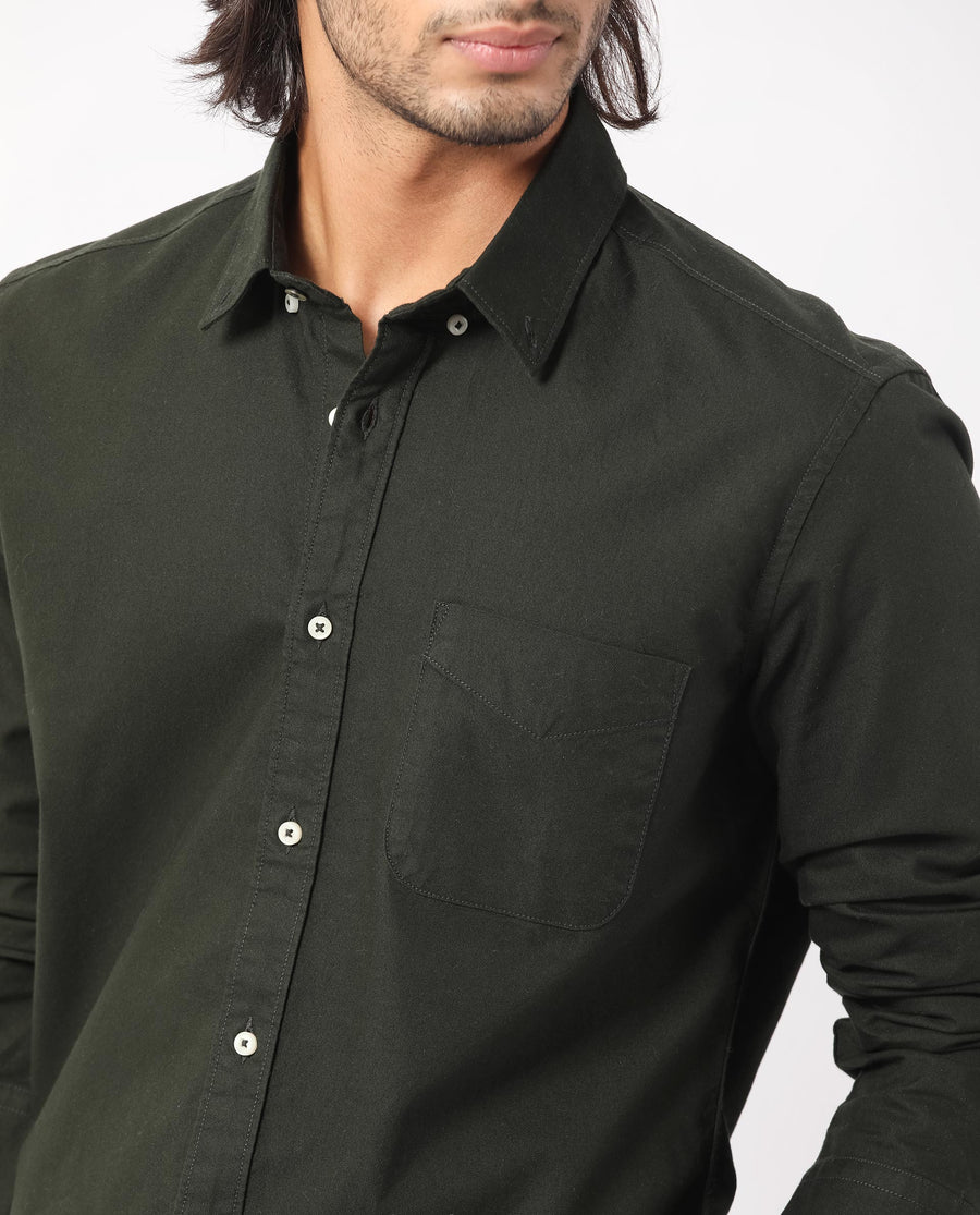 Rare Rabbit Men's Auxfo Dark Green Cotton Plain Regular Fit Full Sleeve Button-Down Collar Shirt