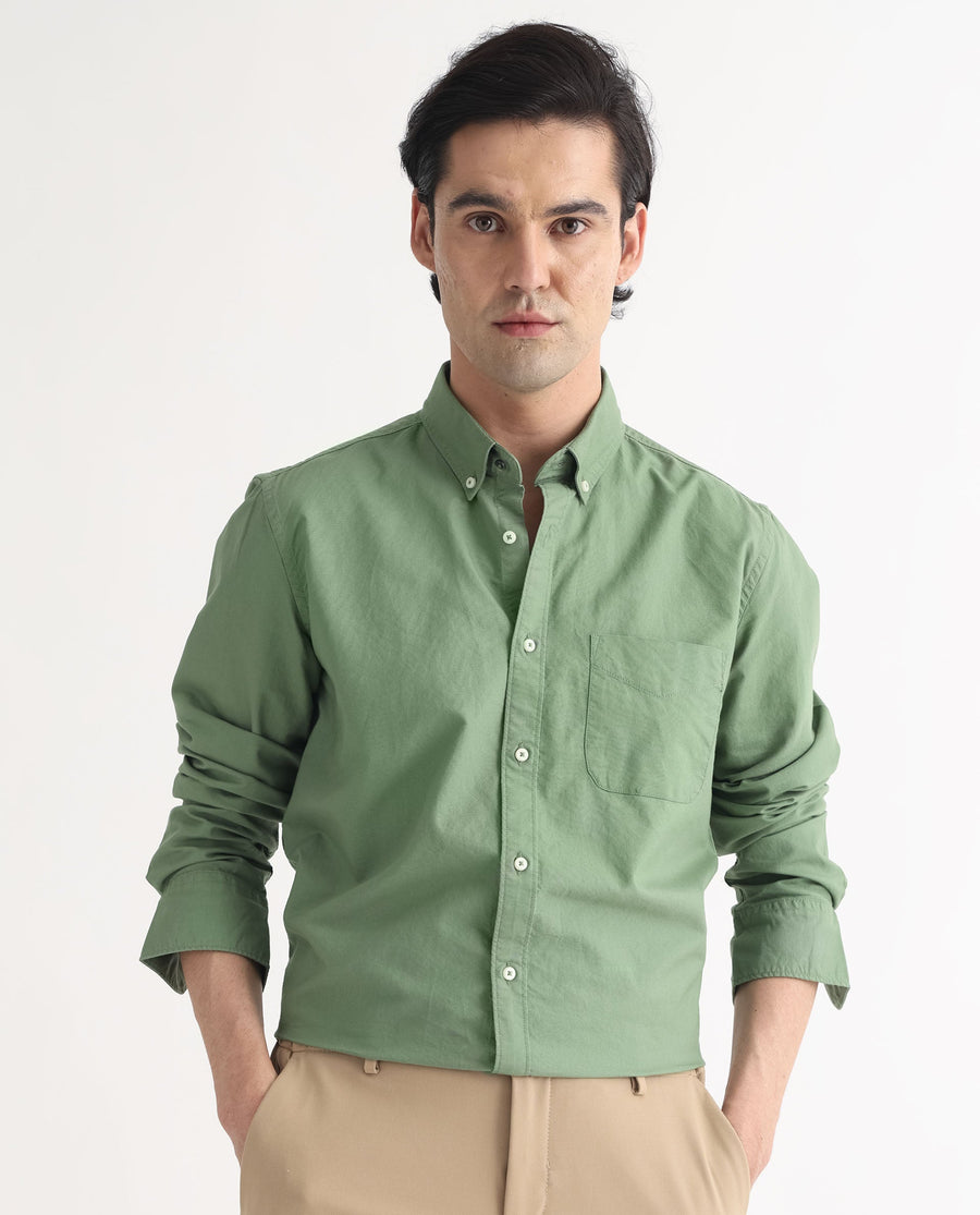 Rare Rabbit Men's Auxfo Green Cotton Plain Regular Fit Full Sleeve Button-Down Collar Shirt