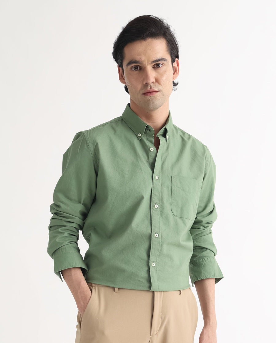 Rare Rabbit Men's Auxfo Green Cotton Plain Regular Fit Full Sleeve Button-Down Collar Shirt