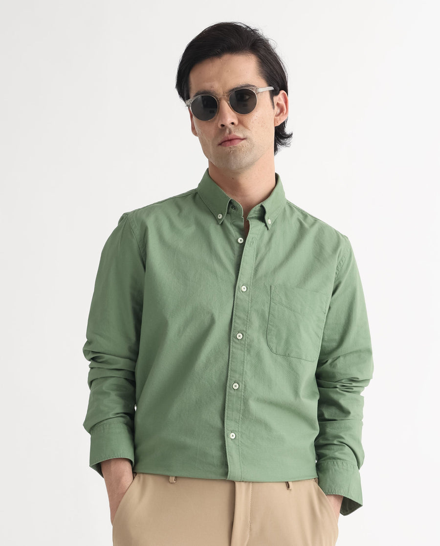 Rare Rabbit Men's Auxfo Green Cotton Plain Regular Fit Full Sleeve Button-Down Collar Shirt