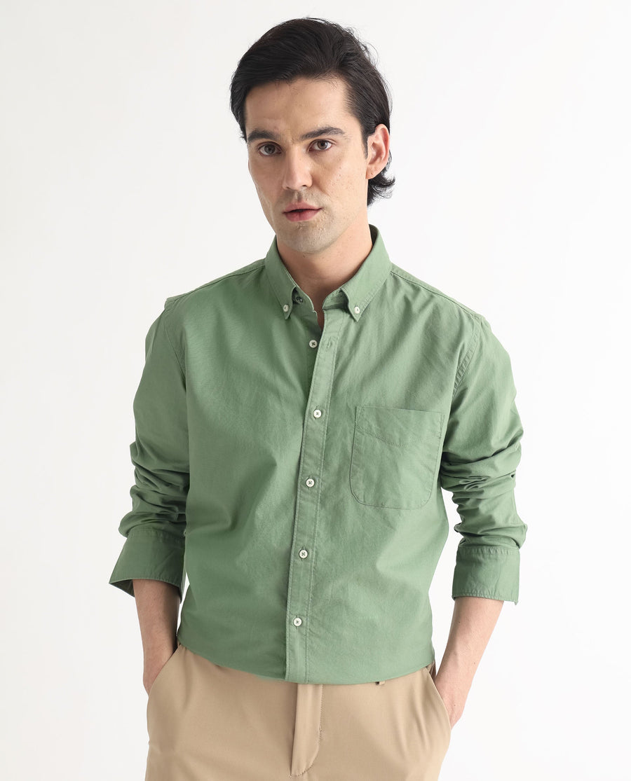 Rare Rabbit Men's Auxfo Green Cotton Plain Regular Fit Full Sleeve Button-Down Collar Shirt
