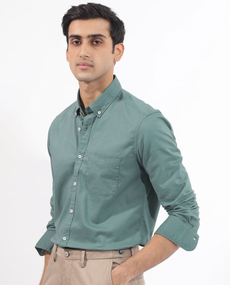 Rare Rabbit Men's Auxfo Light Petrol Cotton Plain Regular Fit Full Sleeve Button-Down Collar Shirt