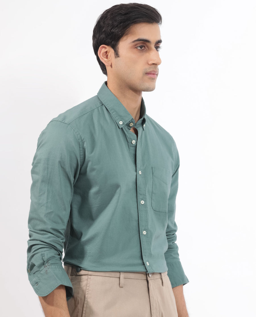 Rare Rabbit Men's Auxfo Light Petrol Cotton Plain Regular Fit Full Sleeve Button-Down Collar Shirt