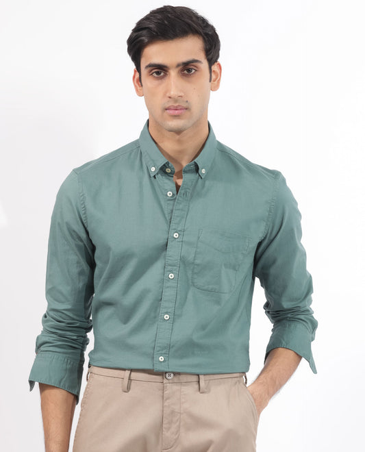 Rare Rabbit Men's Auxfo Light Petrol Cotton Plain Regular Fit Full Sleeve Button-Down Collar Shirt
