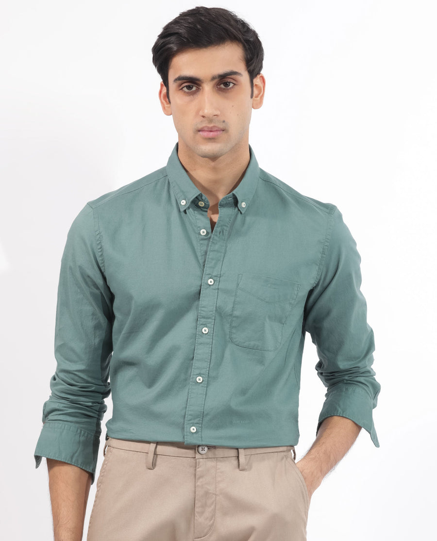 Rare Rabbit Men's Auxfo Light Petrol Cotton Plain Regular Fit Full Sleeve Button-Down Collar Shirt