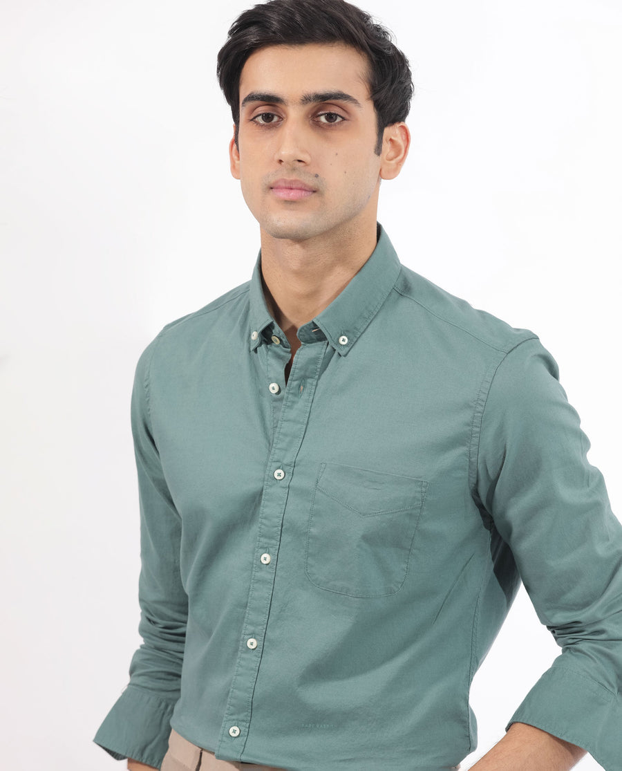 Rare Rabbit Men's Auxfo Light Petrol Cotton Plain Regular Fit Full Sleeve Button-Down Collar Shirt