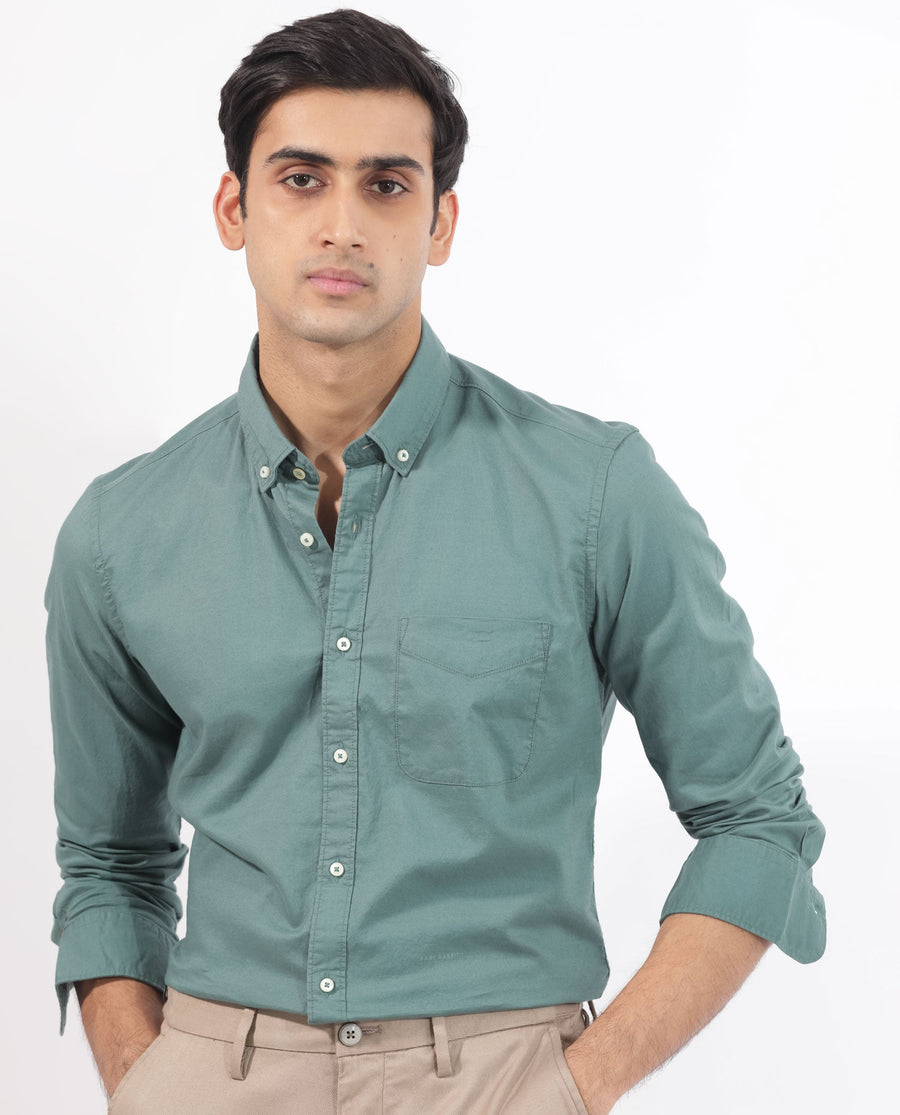 Rare Rabbit Men's Auxfo Light Petrol Cotton Plain Regular Fit Full Sleeve Button-Down Collar Shirt