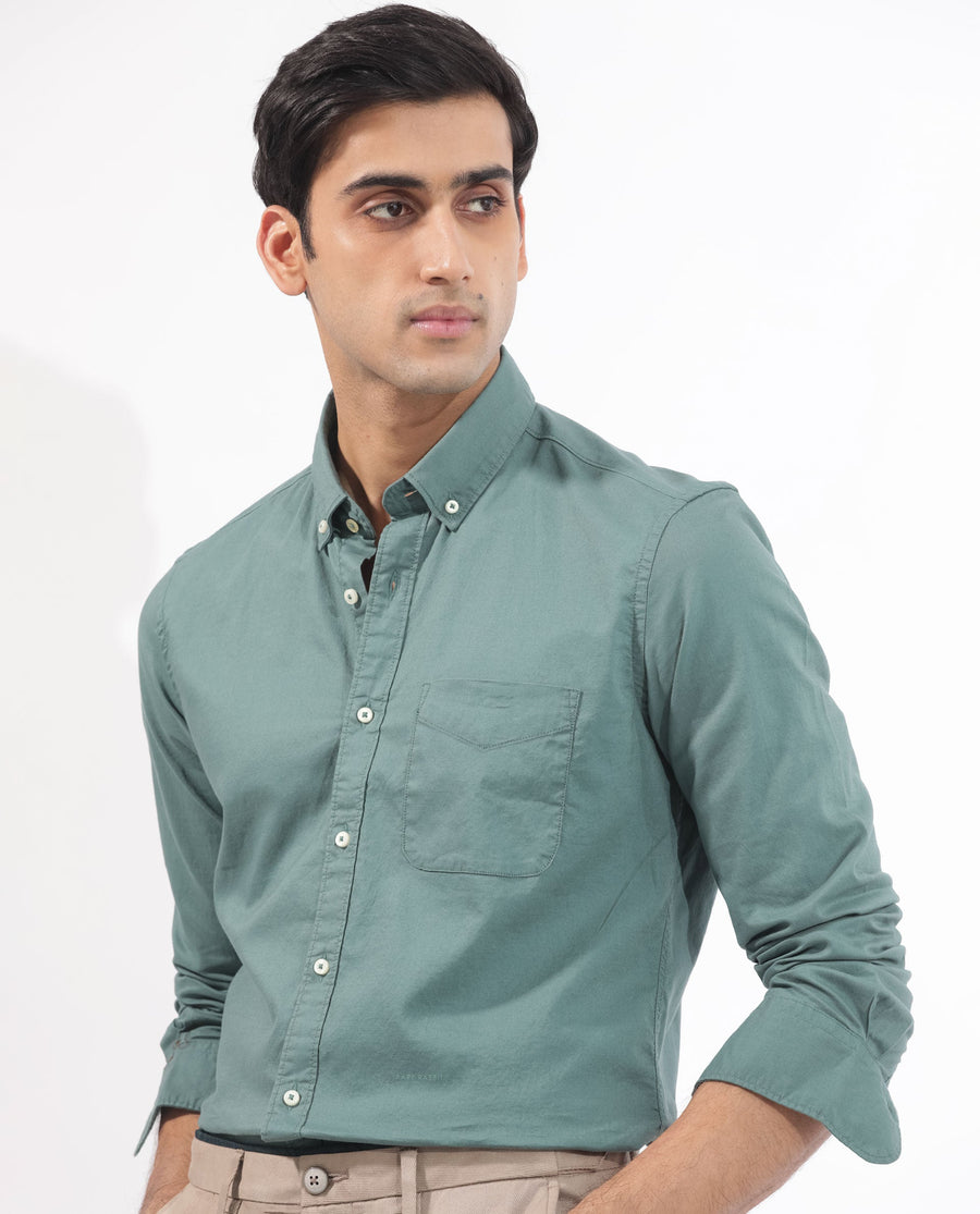 Rare Rabbit Men's Auxfo Light Petrol Cotton Plain Regular Fit Full Sleeve Button-Down Collar Shirt