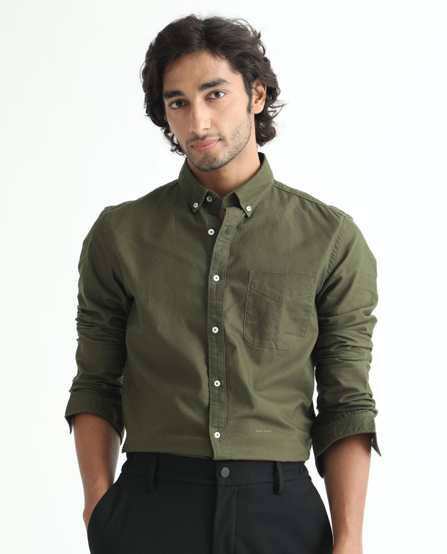 Rare Rabbit Men's Auxfo Olive Cotton Plain Regular Fit Full Sleeve Button-Down Collar Shirt