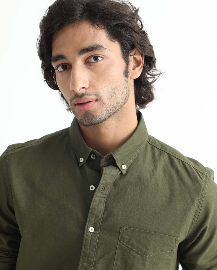 Rare Rabbit Men's Auxfo Olive Cotton Plain Regular Fit Full Sleeve Button-Down Collar Shirt