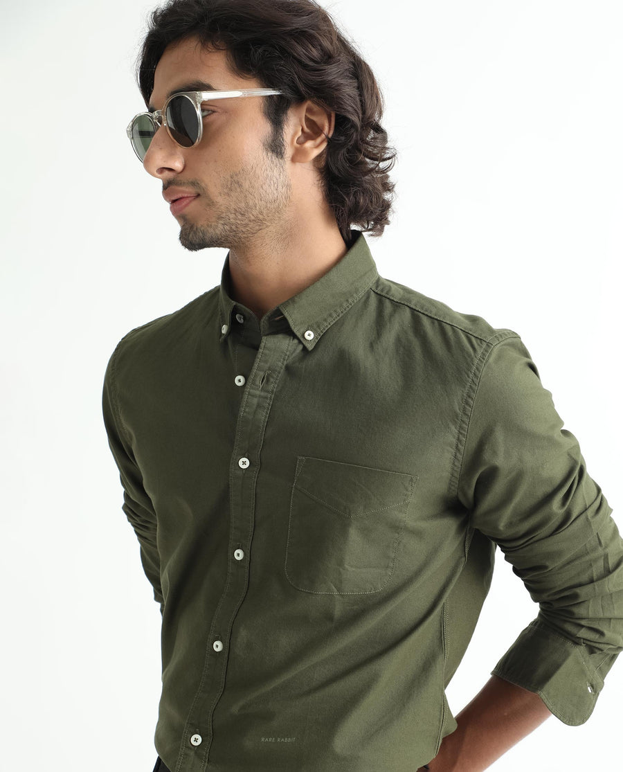 Rare Rabbit Men's Auxfo Olive Cotton Plain Regular Fit Full Sleeve Button-Down Collar Shirt