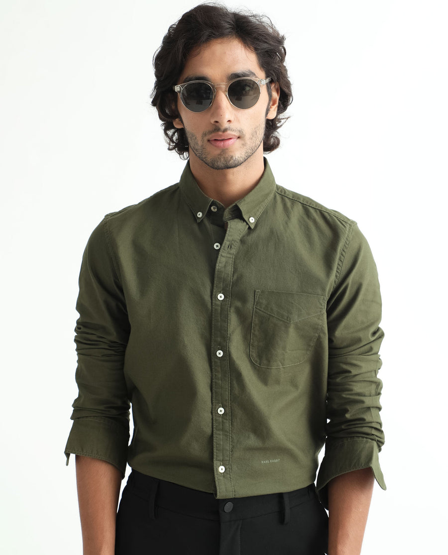 Rare Rabbit Men's Auxfo Olive Cotton Plain Regular Fit Full Sleeve Button-Down Collar Shirt