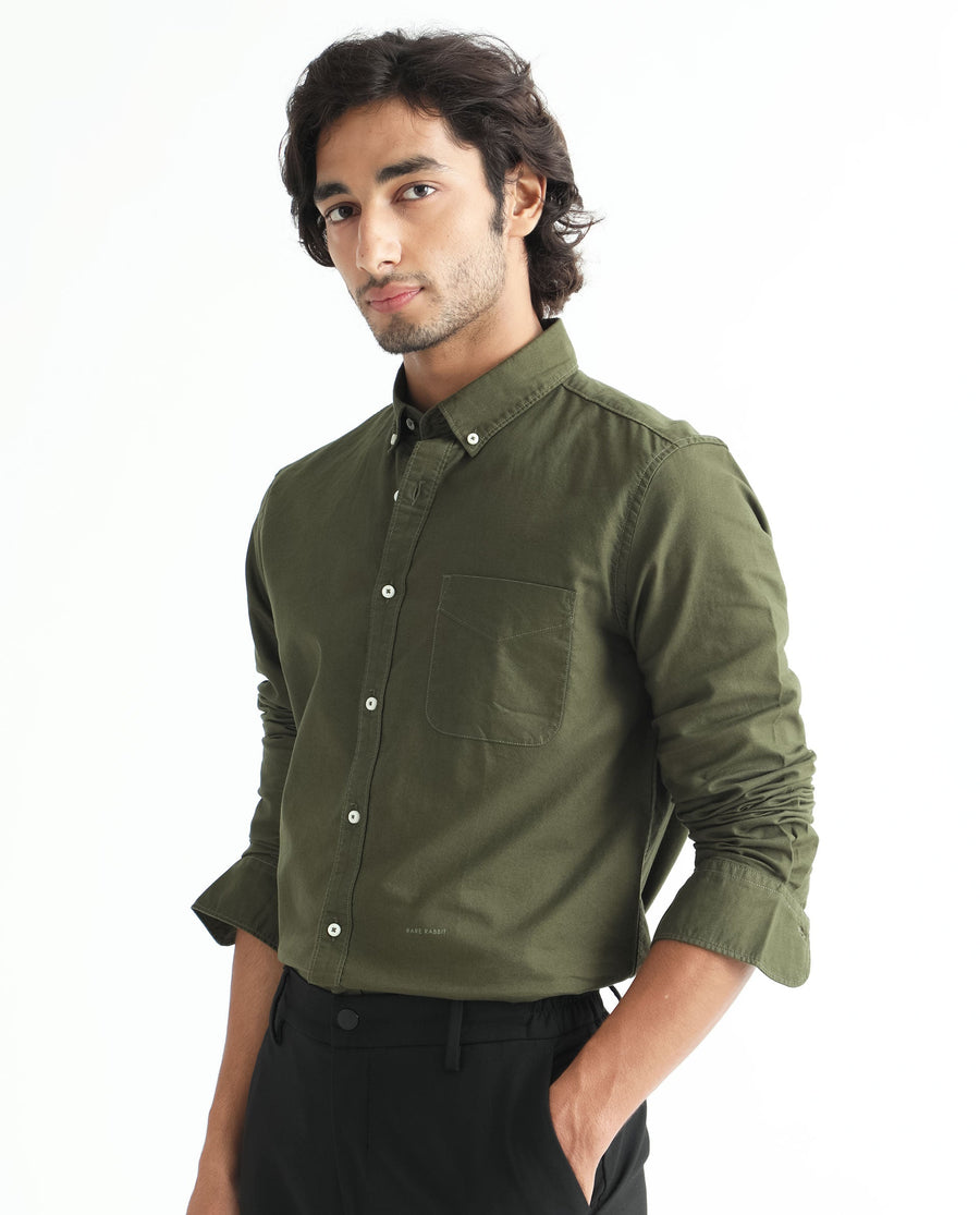 Rare Rabbit Men's Auxfo Olive Cotton Plain Regular Fit Full Sleeve Button-Down Collar Shirt