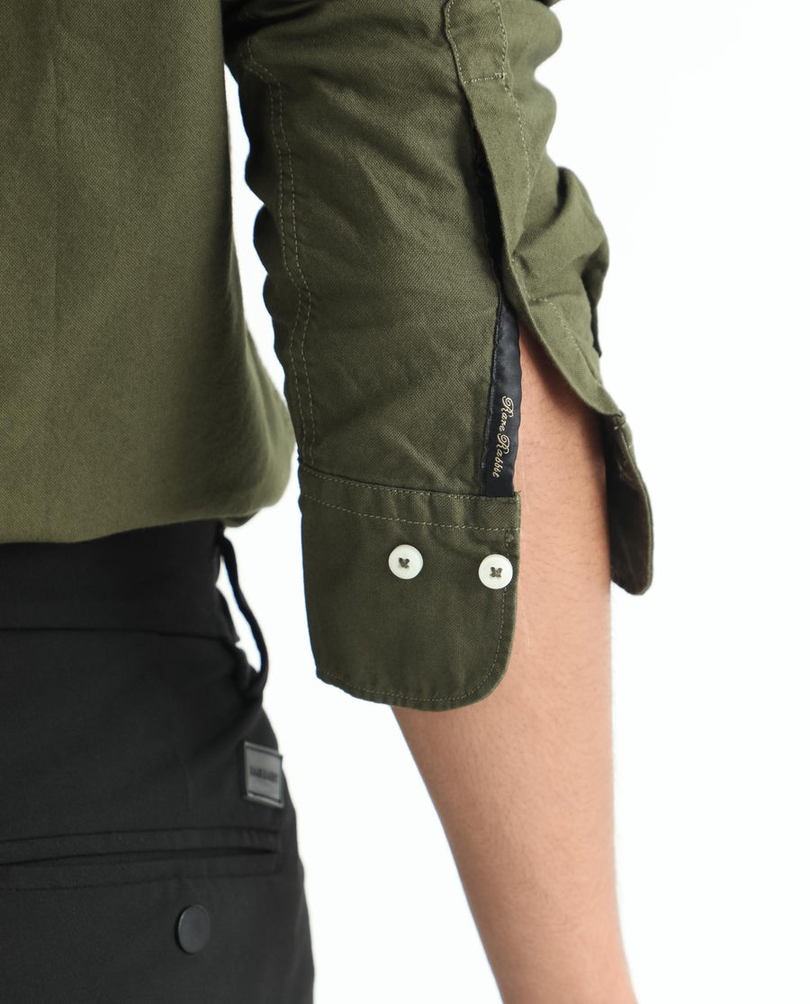 Rare Rabbit Men's Auxfo Olive Cotton Plain Regular Fit Full Sleeve Button-Down Collar Shirt