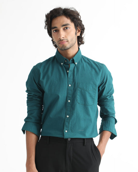 Rare Rabbit Men's Auxfo Petrol Cotton Plain Regular Fit Full Sleeve Button-Down Collar Shirt