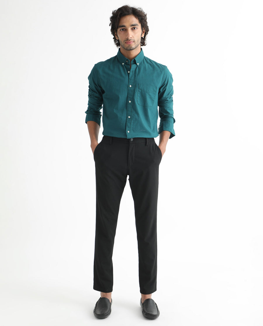 Rare Rabbit Men's Auxfo Petrol Cotton Plain Regular Fit Full Sleeve Button-Down Collar Shirt