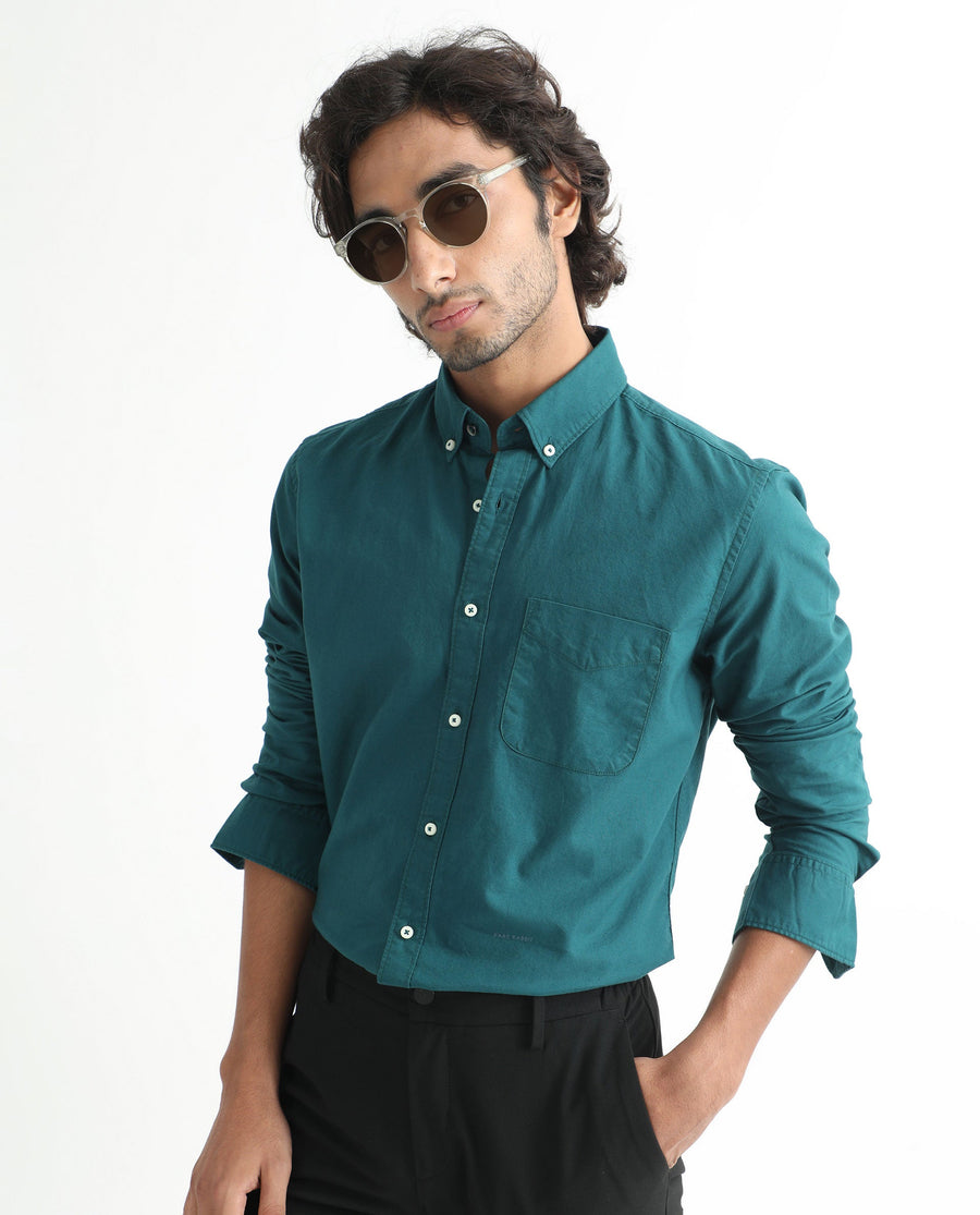 Rare Rabbit Men's Auxfo Petrol Cotton Plain Regular Fit Full Sleeve Button-Down Collar Shirt