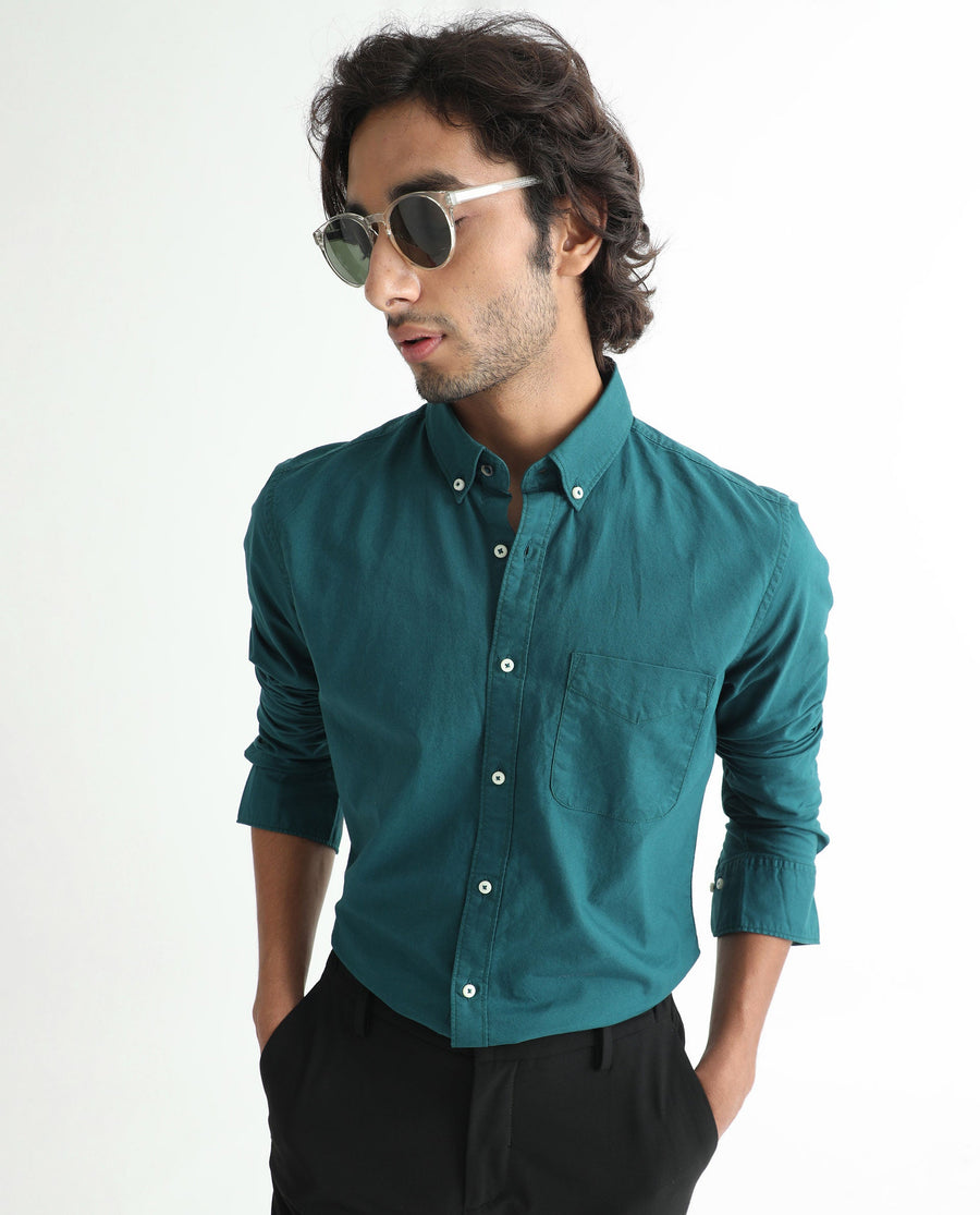 Rare Rabbit Men's Auxfo Petrol Cotton Plain Regular Fit Full Sleeve Button-Down Collar Shirt