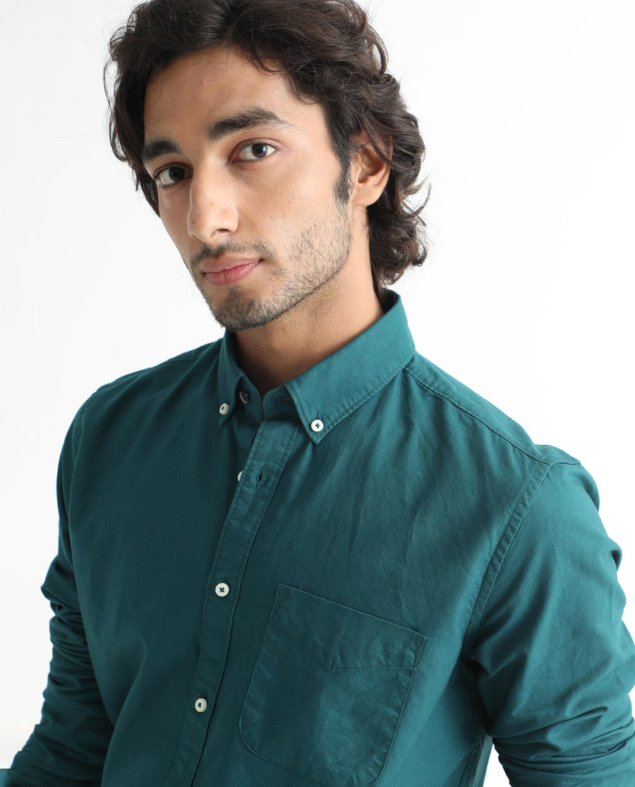 Rare Rabbit Men's Auxfo Petrol Cotton Plain Regular Fit Full Sleeve Button-Down Collar Shirt