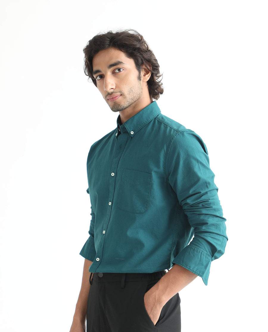 Rare Rabbit Men's Auxfo Petrol Cotton Plain Regular Fit Full Sleeve Button-Down Collar Shirt