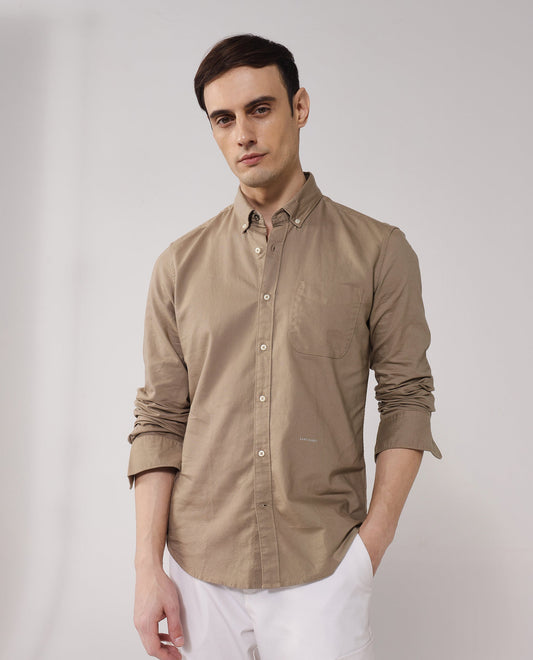 Rare Rabbit Men's Auxfo Beige Cotton Plain Regular Fit Full Sleeve Button-Down Collar Shirt