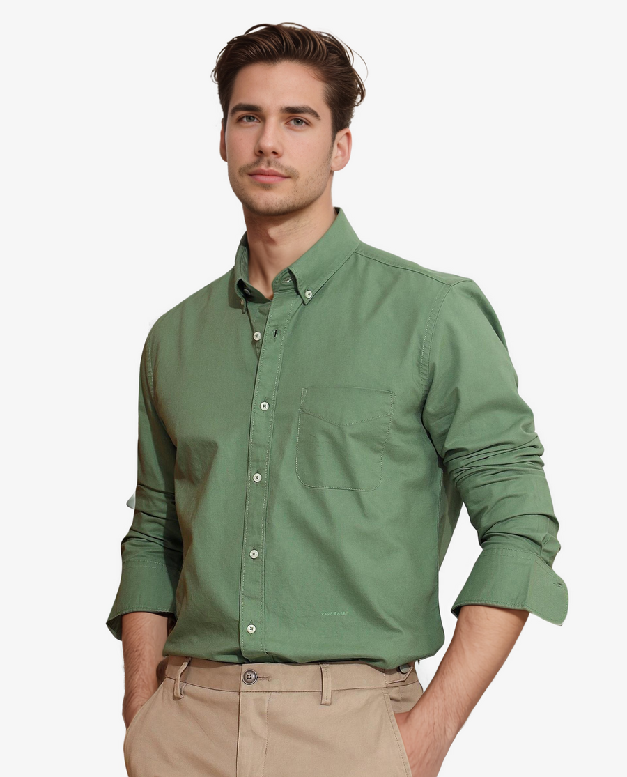 Rare Rabbit Men's Auxfo Green Cotton Plain Regular Fit Full Sleeve Button-Down Collar Shirt