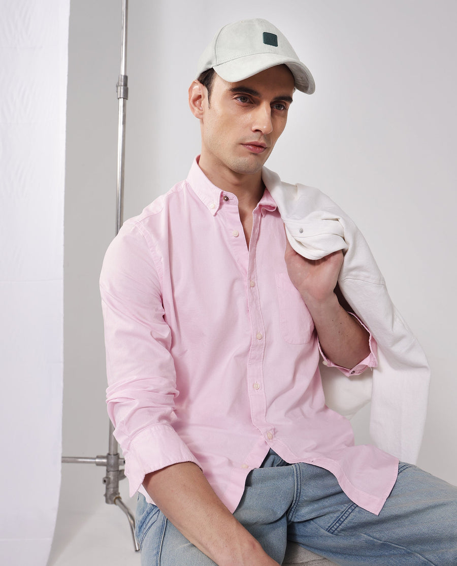 Rare Rabbit Men's Auxfo Light Pink Cotton Plain Regular Fit Full Sleeve Button-Down Collar Shirt