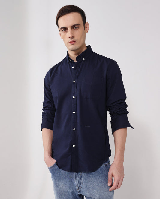 Rare Rabbit Men's Auxfo Navy Cotton Plain Regular Fit Full Sleeve Button-Down Collar Shirt