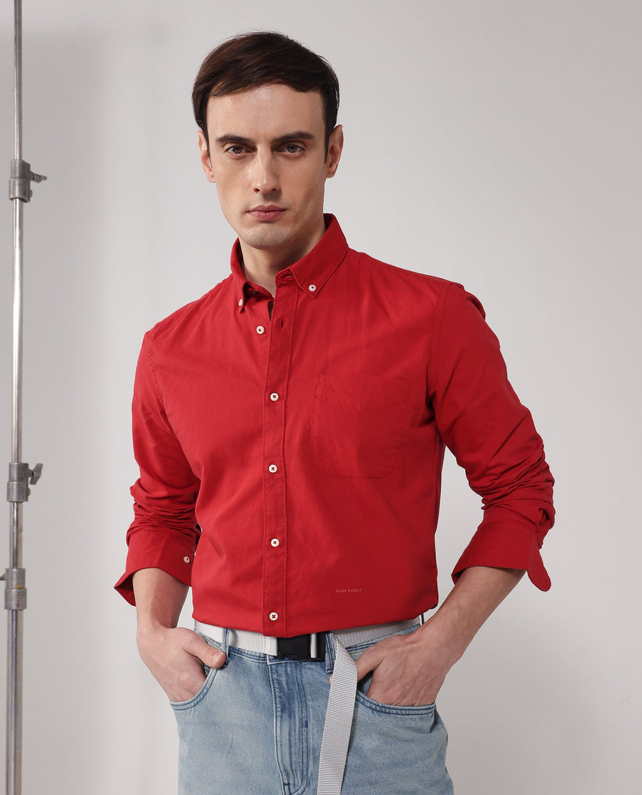 Rare Rabbit Men's Auxfo Red Cotton Plain Regular Fit Full Sleeve Button-Down Collar Shirt