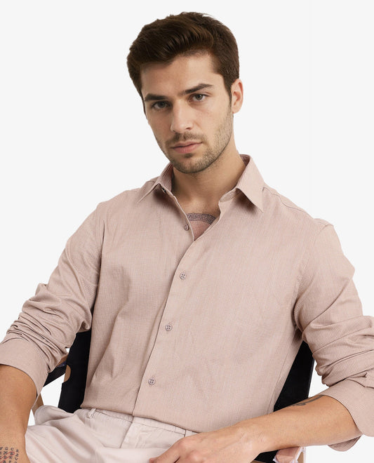 Rare Rabbit Men's Auxon Khaki Cotton Textured Regular Fit Full Sleeve Collared Shirt