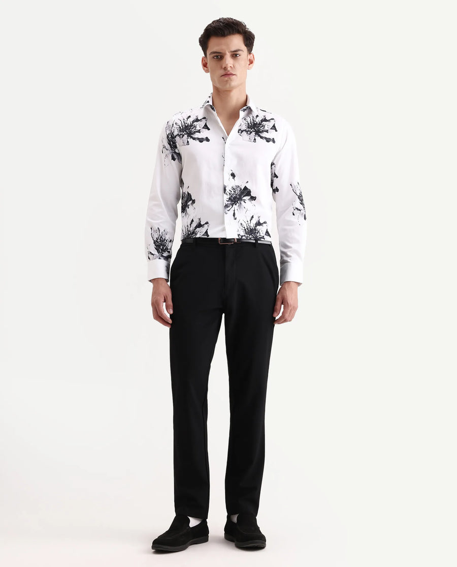 Rare Rabbit Men's Aver White Cotton Fabric Collared Neck Regular Fit Floral Print Shirt