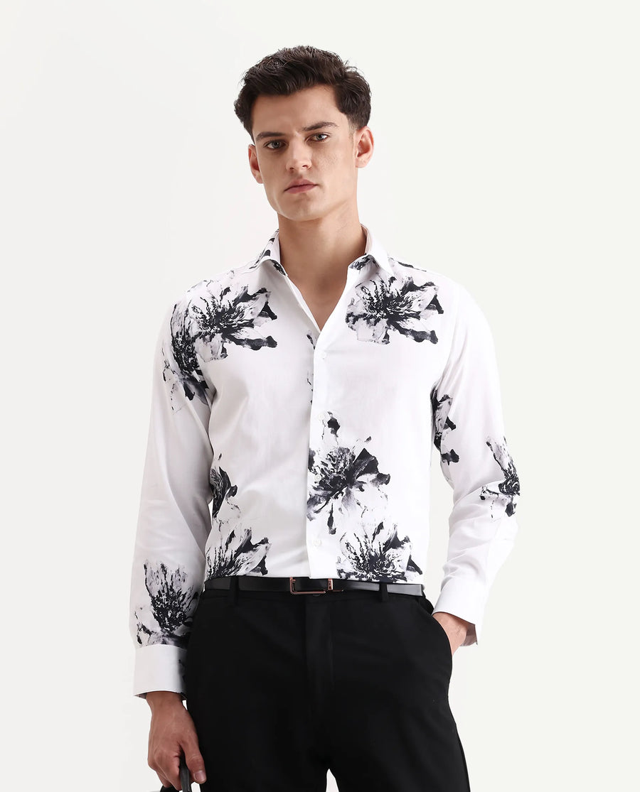 Rare Rabbit Men's Aver White Cotton Fabric Collared Neck Regular Fit Floral Print Shirt