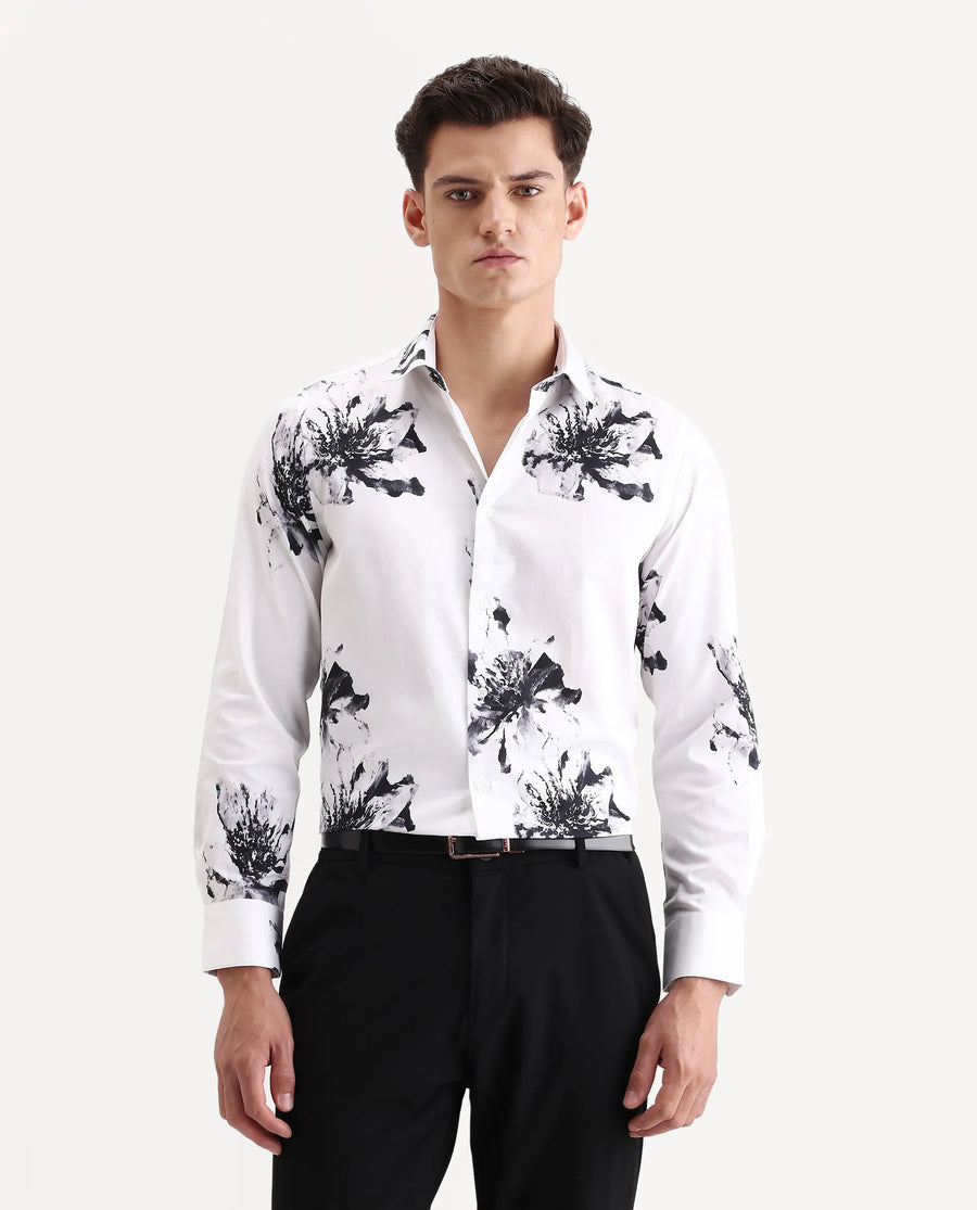 Rare Rabbit Men's Aver White Cotton Fabric Collared Neck Regular Fit Floral Print Shirt