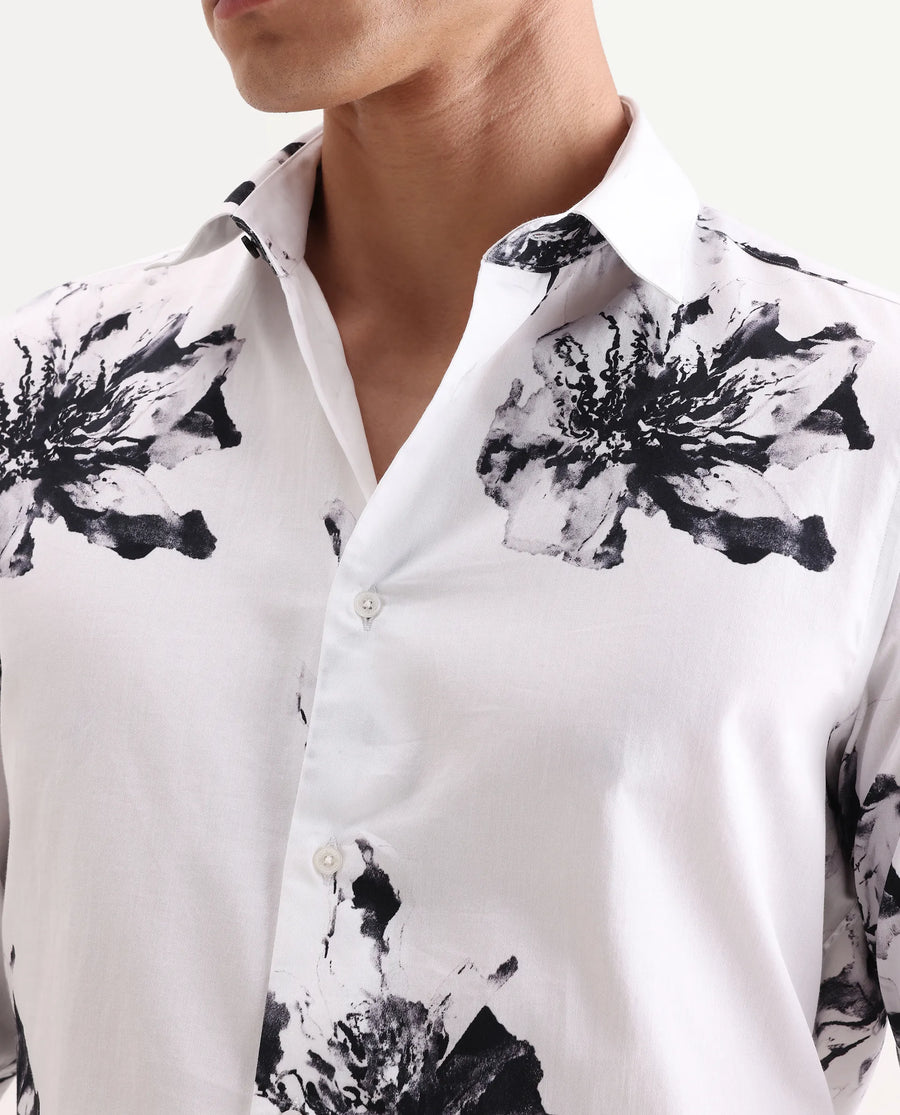 Rare Rabbit Men's Aver White Cotton Fabric Collared Neck Regular Fit Floral Print Shirt